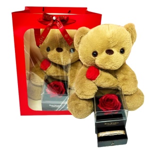 Pachet pentru indragostiti, A Drop of Love, ursulet de plus 30 cm si cutie trandafir de sapun si set 5 bratari, Maro