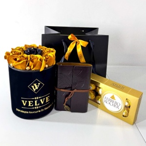 Pachet Special Stravagante, cu aranjament 9 trandafiri de sapun VLV, jurnal Vintage de calatorii si praline Ferrero Rocher, in punga eleganta cadou, Maro