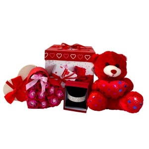 Pachet Special Valentine, cu ursulet plus 20 cm, bratara eleganta, cutie inima cu 10 trandafiri din sapun, ambalate in cutie cadou - Img 5
