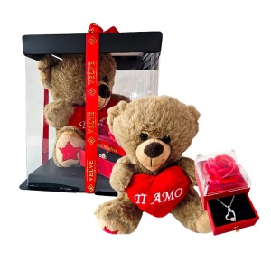 Pachet deosebit Ti AMO Rosa, Ursulet plush cu pernuta inima 18 cm, Cutiuta cu sertar, trandafir sapun si Lantic inox cu pandantiv, Rosu
