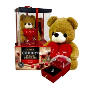 Pachet special Valentine, ursulet de plus 25 cm, trandafir de sapun roșu cu lantisor și pandantiv surpriza și praline - Img 6