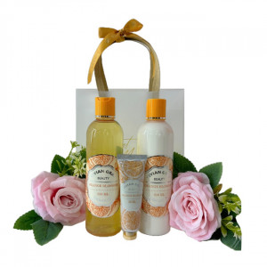 Pachet Sweet Moment, gel dus 250 ml, crema corp 250 ml, crema maini 30 ml din gama Vivian Gray si trandafir artizanal, in punga eleganta cadou, Portocaliu