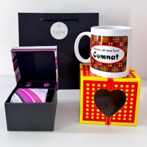 Pachet Twist Elegance pentru cumnat, cana personalizata si cutie 3 piese cu cravata, batista si butoni, Mov-Gri - Img 3