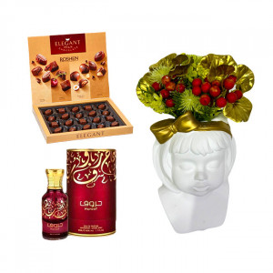 Pachet Vaza Girl cu aranjament floral inclus, praline Roshen Assortment 145gr, parfum arabesc Apa de Parfum Ard al Zaafaran, Huroof, Unisex 50 ml
