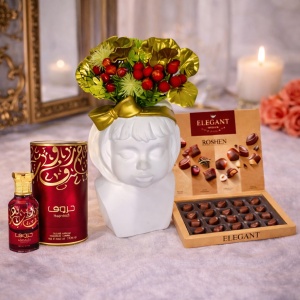 Pachet Vaza Girl cu aranjament floral inclus, praline Roshen Assortment 145gr, Apa de Parfum Ard al Zaafaran, Huroof, Unisex 50 ml