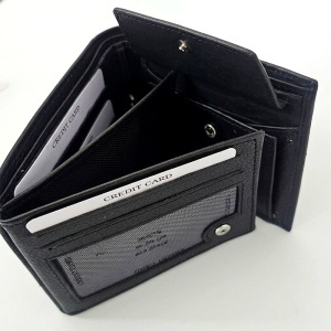 Portofel barbati Textured Black, din piele naturala, compartimentat, Negru Mat, 12x10 cm - Img 5
