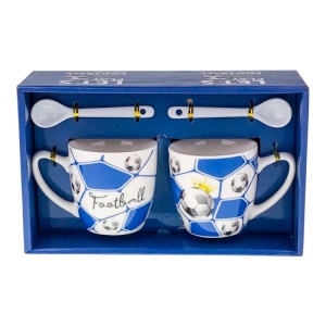 Set 2 cani din ceramica cu lingurite si capac, model mingi fotbal
