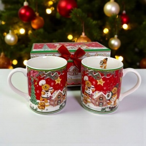 Set 2 cani din ceramica, Gingerbread House, ambalate in cutie cadou eleganta, 150 ml, Rosu - Img 2