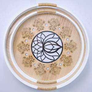 Set 2 Tavi Lotus, din lemn cu baza din sticla si model traditional asiatic, 30 si 35cm