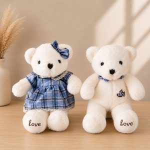 Set 2 ursuleti de plus premium ,cuplu elegant, 35 cm, alb-ivory cu detalii bleu in carouri - Img 2