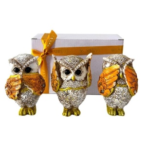 Set 3 figurine decorative, Bufnitele "Nu vad, Nu aud, Nu vorbesc", Auriu, 5x7cm