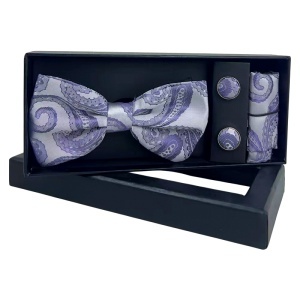 Set 3 piese Elegant pentru barbati, cu papion, butoni si batista din stofa, Gri-Lila