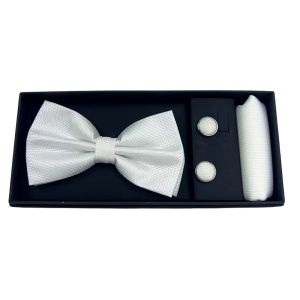 Set 3 piese Elegant pentru barbati, cu papion, butoni si batista din stofa, Alb