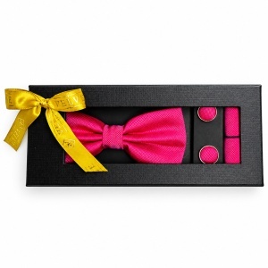Set 3 piese Elegant pentru barbati, papion, batista si butoni, Roz fucsia