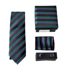 Set 3 piese Tie, pentru barbati, cravata, batista si butoni, Negru - Img 1