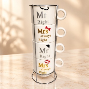Set 4 cani Mr Right si Mrs Always Right, 200 ml fiecare, cu suport metalic, inaltime 25 cm, in cutie stilizata - Img 4