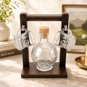 Set cadou barbati, cu sticla in forma de minge de fotbal 200 ml, 2 pahare si suport din lemn