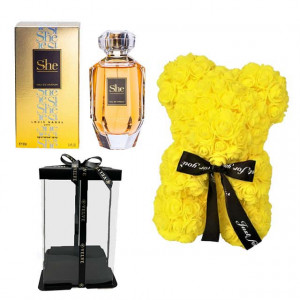 Set cadou femei, Ursulet floral din spuma, galben 25 cm si Parfum Louis Varel She 100 ml