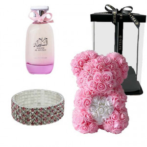 Set cadou fete, Ursulet floral din spuma roz cu inima alba, Parfum Al Sultan, Hareem, Femei 100ml si Bratara cu pietre semipretioase