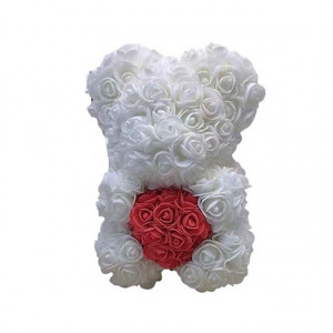 Pachet BearFlowers, Ursulet floral  cu inima rosie din spuma 25 cm si Parfum Qimmah Woman 100 ml