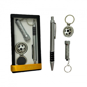 Set cadou pentru barbati, 3 piese, laser,  pix si breloc metalic, Argintiu