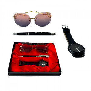 Set cadou pentru femei MATTEO FERARI, cutie cu trei articole practice, ceas dama, ochelari de soare si pix 20.5x15cm, Negru