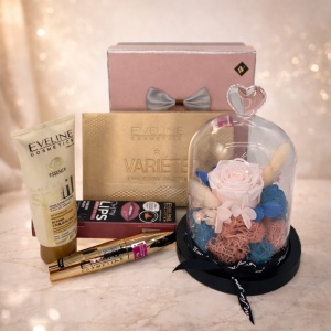 Set cadou pentru femei, trandafir criogenat, crema de zi, big volume mascara, kit de buze, paleta de machiaj si o cutiuta cadou din gama Prestige 24 k Eveline Cosmetics