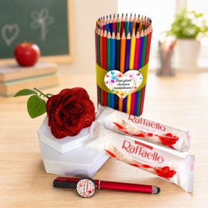 Set cadou pentru Invatatoare, cu creioane colorate, pix personalizat, trandafir rosu de sapun si Raffaello - Img 6