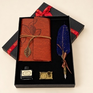 Set caligrafie Vintage Spark cu jurnal maro, toc cu pana bleumarin, calimara si suport, in cutie cadou - Img 3
