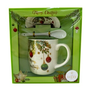 Set cana ceramica, farfurie si lingurita, Merry Christmas, ambalata in cutie cu fereastra, 200ml
