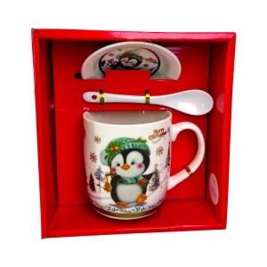 Set cana ceramica, farfurie si lingurita, Merry Christmas Penguin, ambalata in cutie cu fereastra, 200ml