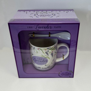 Set cana din ceramica pentru ceai, Energy Mug, 300ml, cu lingurita si farfurie din ceramica, imprimata floral, in cutie  eleganta, Lavender Taste1