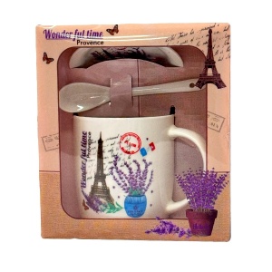 Set cana din ceramica si lingurita, Provence, ambalata in punga cadou asortata, cu fereastra, 200ml