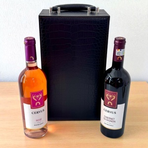 Set caseta eleganta LUX Wine pentru doua sticle, cu maner, doua sticle de vin Cervus 750 ml si set 4 accesorii pentru vin, Negru - Img 3