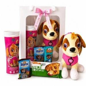 Set complet pentru fete Skye Paw Patrol, jucarie de plus, gel de sus 2in1 si selectie de dulciuri, in ambalaj premium cu funda
