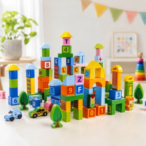 Set cuburi educative din lemn Smart Town Blocks, 100 piese, pentru construit oras, Multicolor, 36 luni+ - Img 2