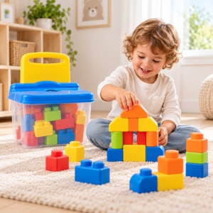 Set cuburi moi de constructie, 20 piese mari, cutie de depozitare cu functie de scaun, 3 Ani+, albastru - Img 3