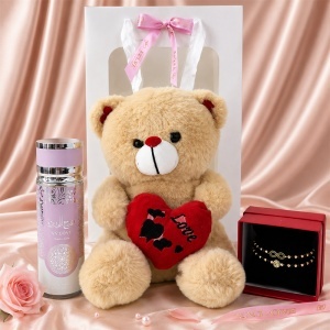 Set dama Teddy Box cu ursulet crem cu inima de plus, spray de corp arabesc VV LOVE si set de bratari in cutie rosie - Img 5