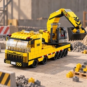 Set de constructie 6 in 1, camion cu excavator, 1000 piese, 28 cm, 6+ ani - Img 4