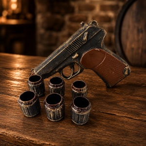 Set din ceramica pentru tuica si vin, sticla in forma de pistol si 6 pahare, Maro-Negru - Img 3