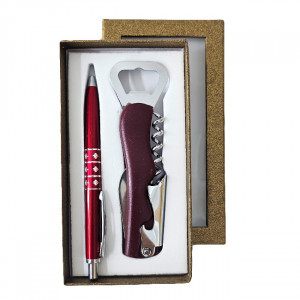 Set doua piese practice cu pix metalic si deschizator sticle cu tirbuson, in cutie aurie cu fereastra, Bordo