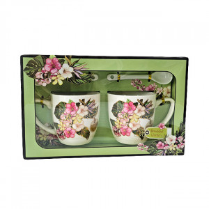 Set elegant ceramic, Beautiful World, cu doua cani imprimate, 250ml si doua lingurite ceramice, in cutie eleganta, Cranberry Flowers, Verde - Img 6