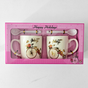 Set elegant ceramic, Happy Holidays, cu doua cani imprimate, 300ml si doua lingurite ceramice, in cutie eleganta, Retro Bicycle, Mov 1
