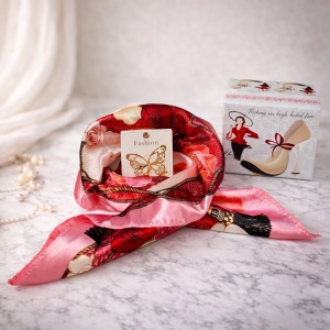 Set esarfa roz cu brosa fluture eleganta