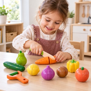 Set fructe si legume de taiat din lemn pentru copii, 12 piese, cutit si curatator, multicolor, 3+ ani - Img 2