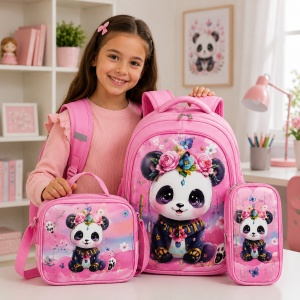 Set ghiozdan fete pentru scoala 3 piese cu panda si flori, 42 x 33 cm - Img 2