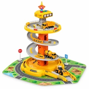 Set parcare supraetajata de constructii pentru copii, 3 niveluri, lumini si sunete, covoras si 3 vehicule, 26 piese, 3 ani+