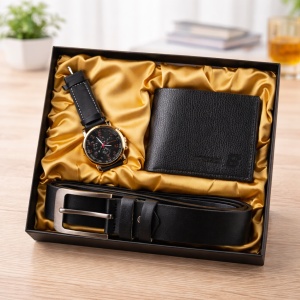 Set pentru barbati Calvin, cutie cu trei articole practice si detaliu satinat, portofel, curea si ceas casual, Negru