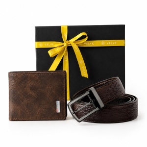 Set pentru barbati Cognac Edition, cu portofel bifold texturat si curea din piele eco maro inchis
