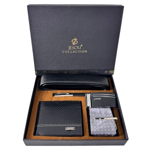 Set pentru barbati JESOU COLLECTION, cutie premium cu portofel, curea, cravata cu ac si pix elegant, Negru